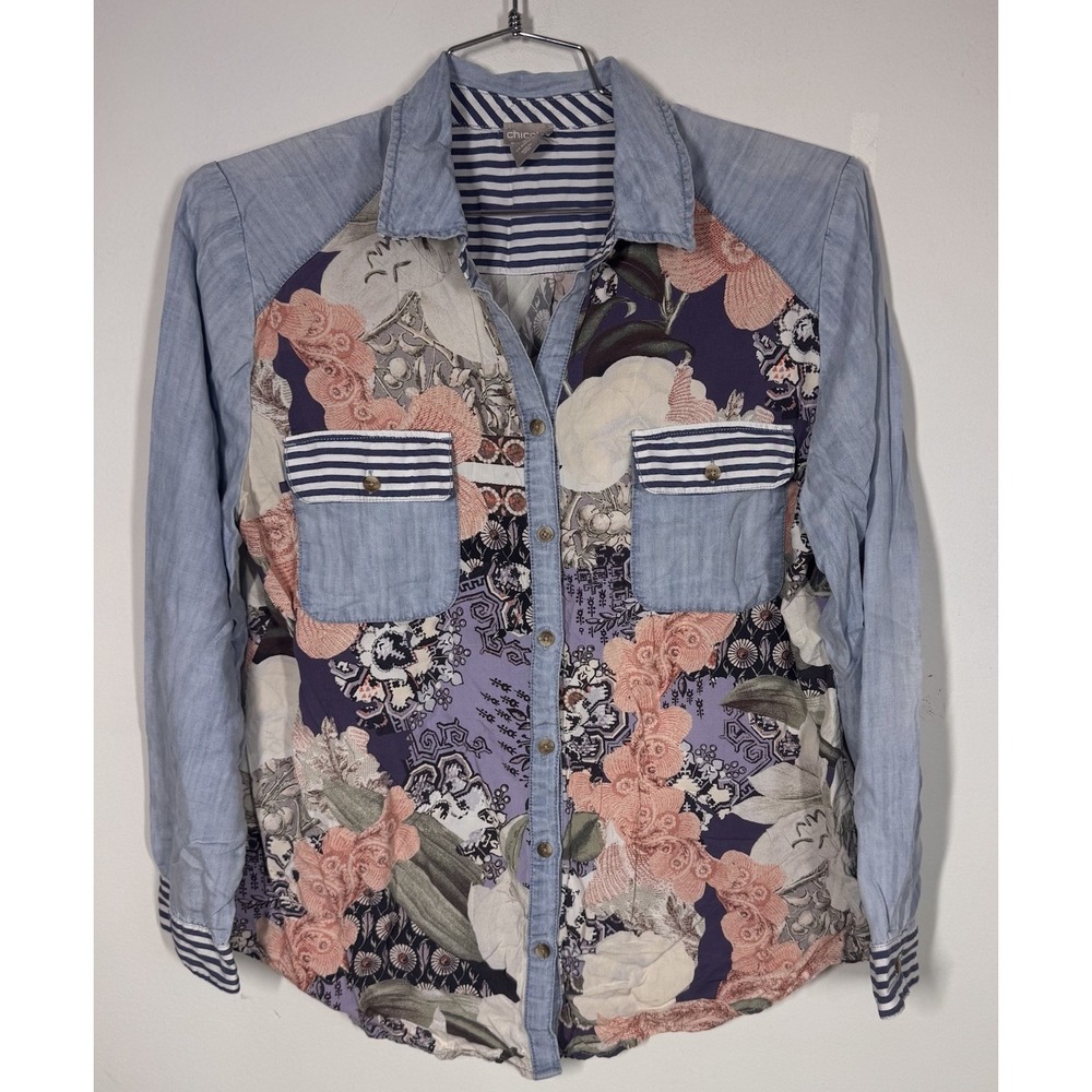 Chicos Mixed Media Floral Chambray Long Sleeve Button Up Shirt Women's 2 Or L